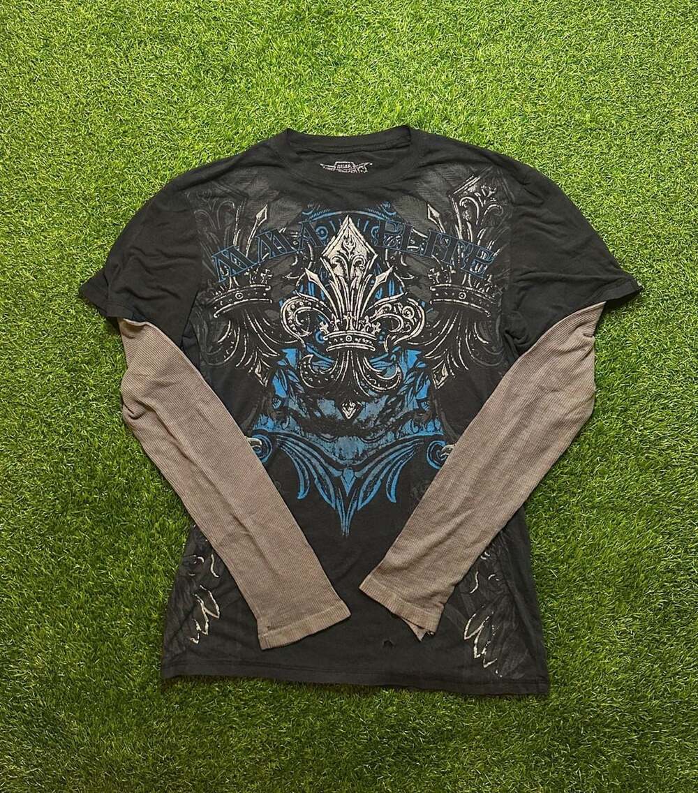 Y2K 2000s MMA Elite Layered Graphic Long Sleeve Shirt Size M Black Grunge